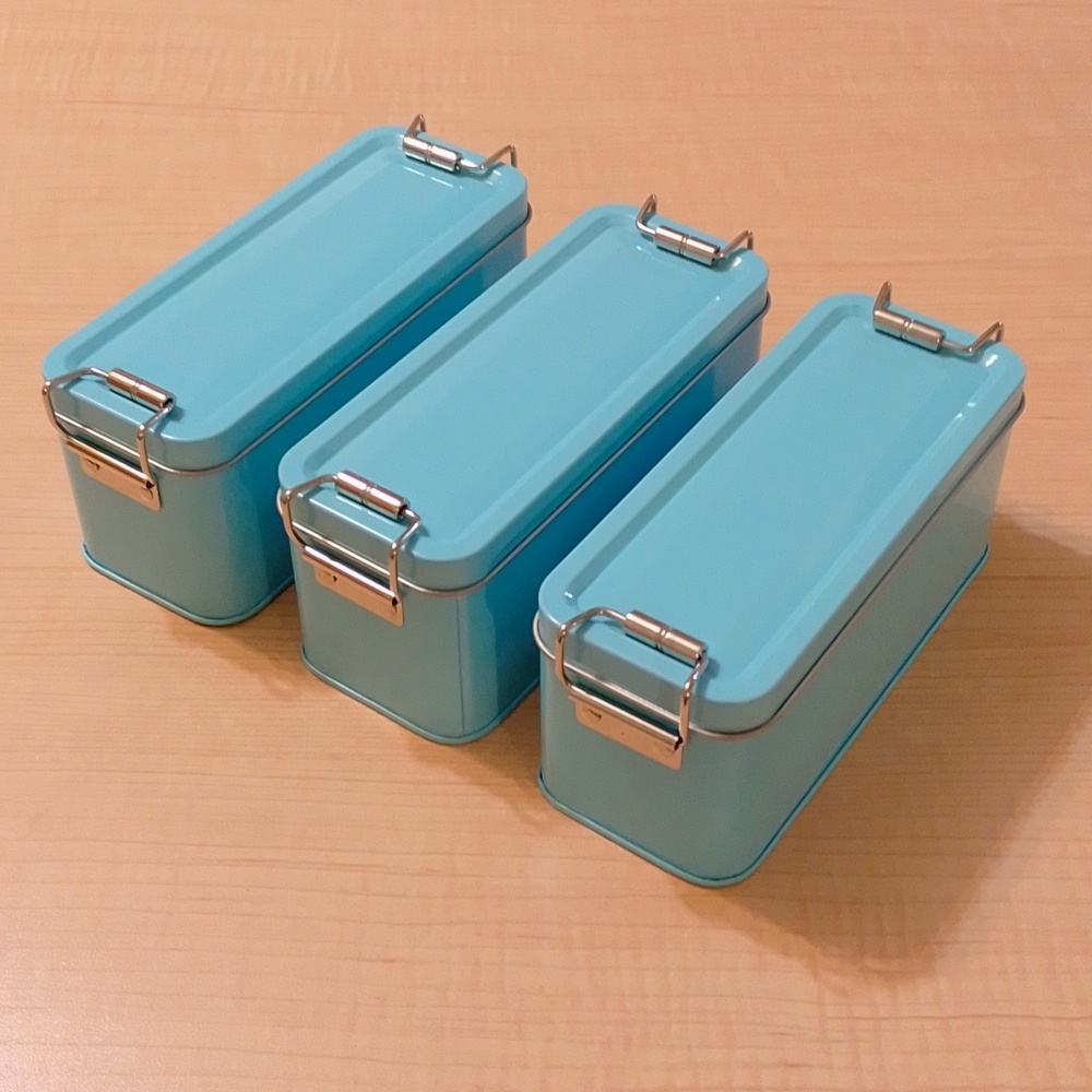Set 3 Blue Metal Storage Tin Box Snap Buckle Closure